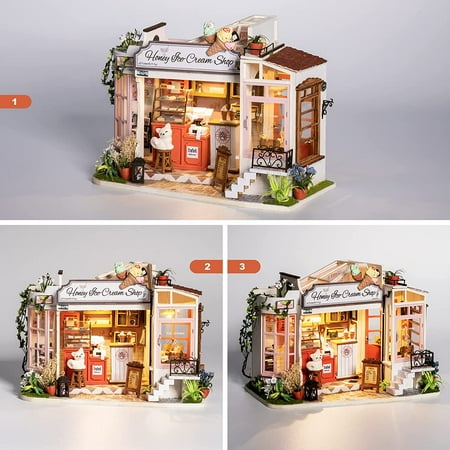 Robotime DIY Miniature Dollhouse Kit for Adults to Build Tiny House Model Gift for Family and Friends (Ice Cream Store)