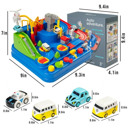 Kids Race Track Car Adventure Toy for Toddlers, Car Rescue Adventure Toys with 4 Mini Car 6 Buttons for 3-7 Years Old Boys Girls, Manually Operated Car Playset Education Toys for Kids Age 3+, Blue