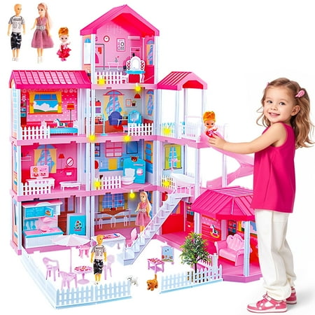 Absoke Toy for Girls 3-14 Year Old, Doll House Plus 325 Pcs 4 Stories Christmas Gift(Pink)