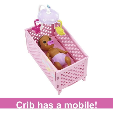 Barbie Skipper Babysitters Inc Bedtime Set, Brunette Doll, Sleepy Baby Doll, Crib & Accessories