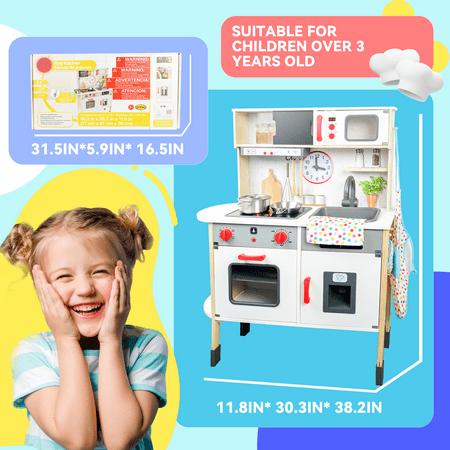 YCFUN Wooden Play Kitchen, Pretend Play Wooden Toy Set for Childs Kids Toddlers with Realistic Lights and Sounds