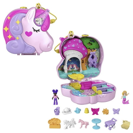 Polly Pocket Unicorn Tea Party Compact Playset with 2 Micro Dolls & Accessories, Travel Toys