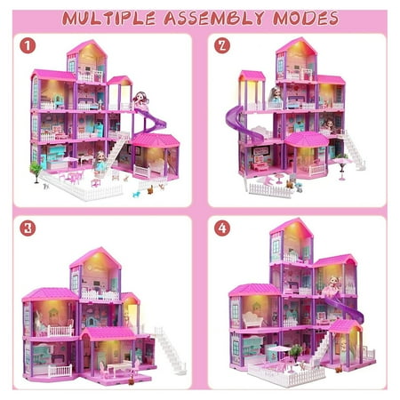 Freecat 36 inch Dollhouse with Slide,Dolls and 11 Rooms,Creative Dollhouse Toys Gift for 3 to 6 Year Old Girls