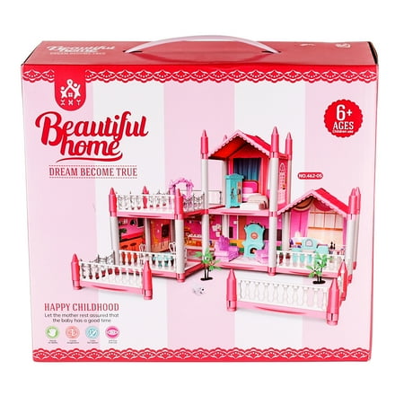 Anpro Pink Dollhouse Pretend Play Set for Kid, Big Villa Princess Castle, 5 Rooms Dollhouse with Doll Toy Figure for Boys and Girls Age 3+ Play House Gift Toys and Christmas Gift