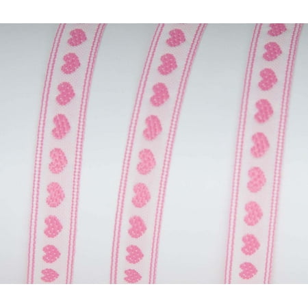 Offray Ribbon, Pink 3/8 inch Hearts Woven Ribbon, 9 feet