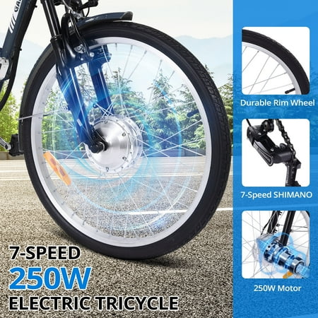 Towallmark Folding Electric Trike for Adults - Powerful 250W Motor, 7 Speeds, 24/26 Inch 3 Wheel Motorized Bicycle, Removable 36V 10Ah Battery, Large Basket, 330 lb Loading Capacity