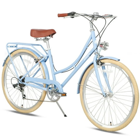 AVASTA Hybrid Bike for Women Female Lightweight Step Through 26 inch Hi-Ten Steel Frame City Commuter Comfort Lady Bicycle, 6-Speed, Color Blue with Beige Tires