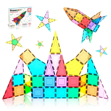 PicassoTiles 32 PC Rocket Themed, Magnetic Tiles, Magnetic Building Blocks for Kids, Magnet for Kids 3+