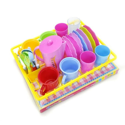 JoyAbit Pretend Play Dishes and Tea Playset 27 Piece Kids Serving Dishes for Toddlers