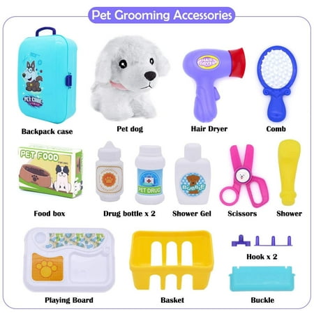 16 Pcs Pet Care Play Set Dog Grooming Kit with Backpack Doctor Set Vet Kit Educational Toy-Pretend Play for Toddlers Kids Children