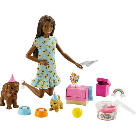 Barbie Puppy Party Doll & Playset with Brunette Doll, 2 Puppies, Cake Molds, Dough & Accessories