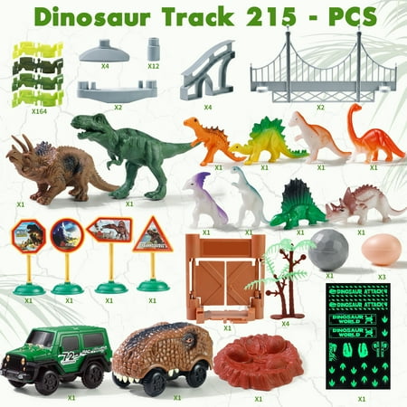 215 PCS Dinosaur Toys Race Car Track with Glow-in-the-Dark Stickers STEM Vehicle Playsets Dinosaur World Road Toys for boys 3-6 Years Best Gift