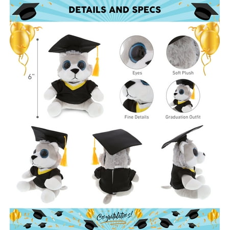 DolliBu Big Eye Wolf Graduation Plush Toy - Soft Graduation Stuffed Animal Dress Up with Gown & Cap with Tassel Outfit - Cute Congratulatory Graduation Gift - 6 Inches