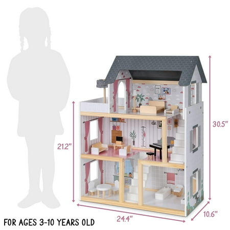 Lil Jumbl 3-Floor Wooden Dollhouse with 2 Staircases and 17-Piece Accessory Set