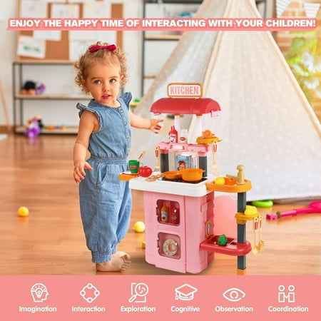 Anpro 28Inch Play Kitchen Set for Kids, 49PCS Pretend Play Kitchen with Sounds & Lights, Toy Kitchen Cooking Set, Best Gifts for Toddlers Age 3+, Pink