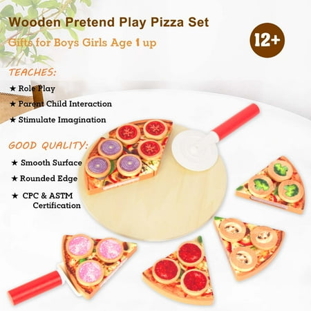 WoodenEdu Cutting Play Food Toy for Kids Kitchen,Wooden Pizza Set Pretend Play Kitchen Accessories,Learning Toy Birthday Gifts for Boys Girls Toddlers