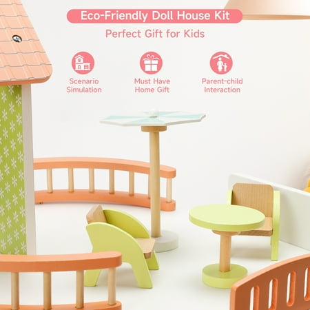 Wooden Dollhouse 3 Story for Kids Girls Babies, Toy Gift for 3 4 5 6 Years Old, with Balcony and Vintage Furniture Set