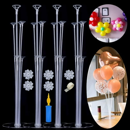 4 Sets of Balloon Table Stand Kit (7 Sticks 7 Cups 1 Base), Reusable Clear Balloon Centerpiece Stand Table Desktop Holder with 1 Pump for Valentine's Day Birthday Wedding Party