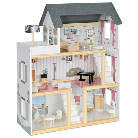 Lil Jumbl 3-Floor Wooden Dollhouse with 2 Staircases and 17-Piece Accessory Set