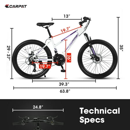 Ecarpat 24-inch Mountain Bike, Shimano 21-Speed, Disc Brake Front Suspension, Youth Adult Men Women