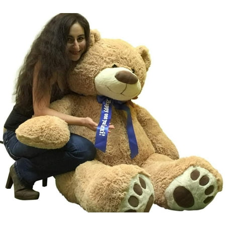 Custom Big Plush Giant Teddy Bear 5 Feet Tall - Your Name or Message Imprinted on Bear's Blue Neck Ribbon Bow - Tan Color with Bigfoot Paws Giant Stuffed Animal Bear