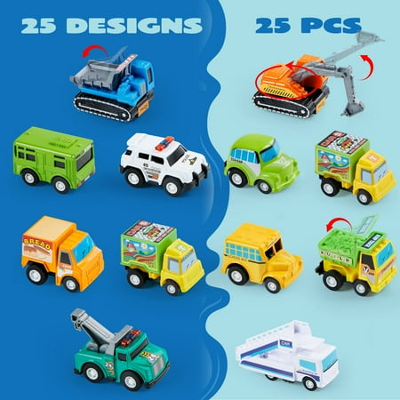 SYNCFUN 25 Pcs Kids Toy Cars Bulk, Pull Back Cars and Trucks Play Vehicles Set, Mini Excavator Party Favors Birthday Gift for Boys and Girls