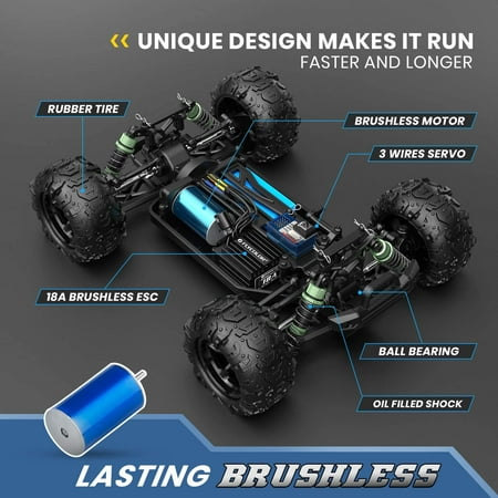 Remote Control Car for Kids Adults 40+ MPH 4x4 Power 1:18 Scale Brushless Motor, Hobby Electric Monster RC Truck All Terrain off Road 2 Batteries Outdoor Play