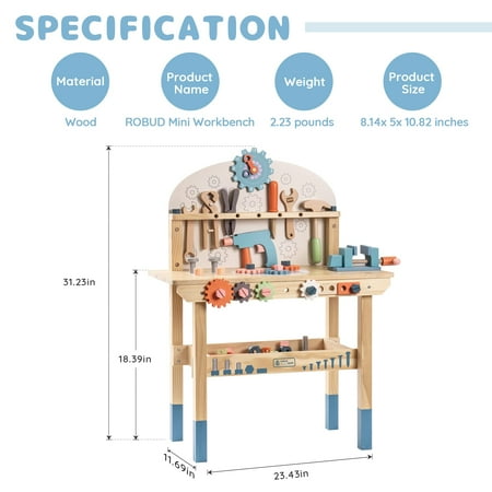 Robud Tool Bench Set for Kids,Large Wooden Work Bench Construction Toys Set for Boys Girls 3+ Years