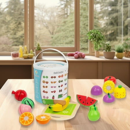 WoodenEdu Wooden Play Food for Kids Kitchen, 38PCS Cutting Fruits Toys for Toddlers Pretend Vegetables Gift for Boys Girls Educational Toys (Fruit Bucket)