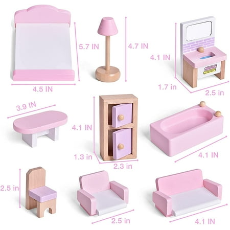 Fun Little Toys 22Pcs Pretend Life Dollhouse with Furniture,Wooden Doll House Furniture,Pink Wooden Toys, Stocking Stuffers for Kids,Birthday,Xmas Gift for Girls