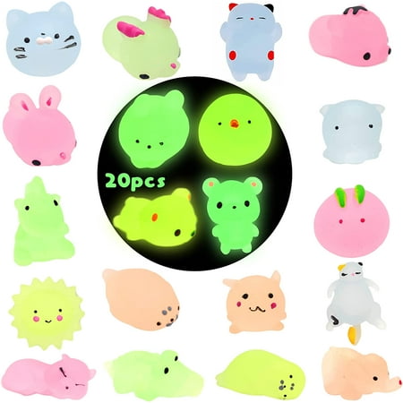 Springcorner 20Pcs Mochi Squishy Toys Glow in The Dark, Cute Mini Animals Stress Toys Party Favors Squishies Toys Birthday Gift for Girls and Boys