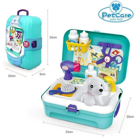 16 Pcs Pet Care Play Set Dog Grooming Kit with Backpack Doctor Set Vet Kit Educational Toy-Pretend Play for Toddlers Kids Children