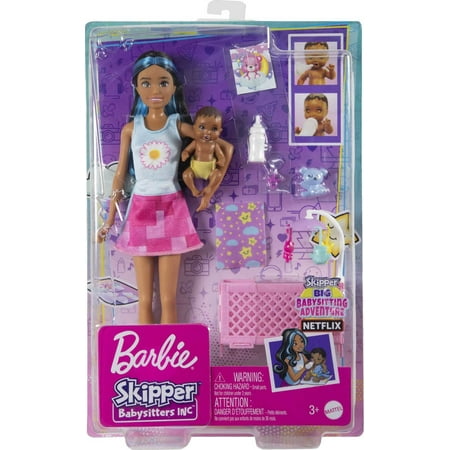 Barbie Skipper Babysitters Inc Bedtime Set, Brunette Doll, Sleepy Baby Doll, Crib & Accessories