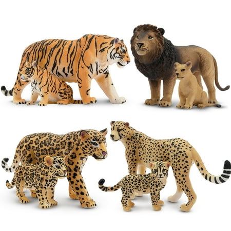 Toymany 8PCS 2-5" Plastic Jungle Animals Figure Playset Includes Baby Animals, Realistic Lion, Tiger, Cheetah, Leopard Figurines with Cub, Cake Toppers Christmas Birthday Toy Gift for Kids Toddlers