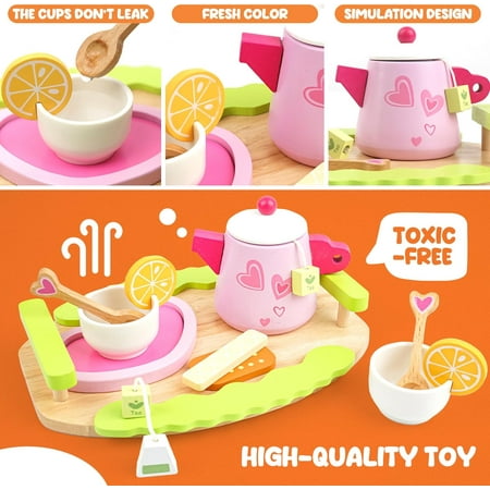 15pcs Play Tea Set for Girls, YCFUN Wooden Tea Party Set with Cookies Pretend Play Food, Toys for Toddlers Girls Boys 3 4 5 6 7 8 Years Old