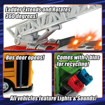 Adventure Force Light & Sound Mini City Service Vehicles, 3 Pack, School Bus, Fire Truck and Recycling Truck