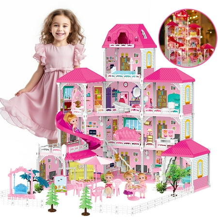 JoyStone Dollhouse with Lights, 4-Story 12 Rooms Huge Doll House with 4 Dolls Toy Figures, Fully Furnished Pretend Playhouse Gifts for Girls Ages 3+, Pink