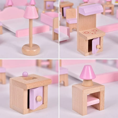 Fun Little Toys 22Pcs Pretend Life Dollhouse with Furniture,Wooden Doll House Furniture,Pink Wooden Toys, Stocking Stuffers for Kids,Birthday,Xmas Gift for Girls