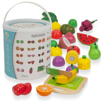 WoodenEdu Wooden Play Food for Kids Kitchen, 38PCS Cutting Fruits Toys for Toddlers Pretend Vegetables Gift for Boys Girls Educational Toys (Fruit Bucket)