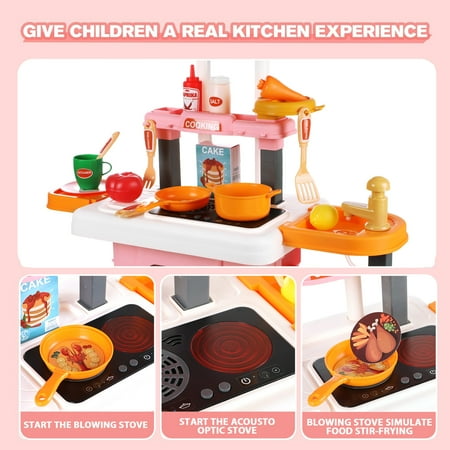 Anpro 28Inch Play Kitchen Set for Kids, 49PCS Pretend Play Kitchen with Sounds & Lights, Toy Kitchen Cooking Set, Best Gifts for Toddlers Age 3+, Pink