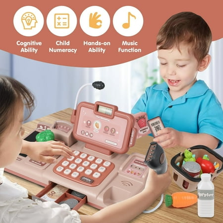 Petbank Pretend Play Calculator Cash Register Toy, 35PCS Grocery Store Cash Register Playset, with Credit Cards Machine, Microphone, Scanner, Learning Toys for Age 3+, Pink