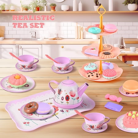 45PCS Tea Party Set, Gift for Girls Princess Tea Party Set Kitchen Pretend Toys with Tin Teapot, Cups, Plates and Carrying Case. Cake, Food for 3+Girls