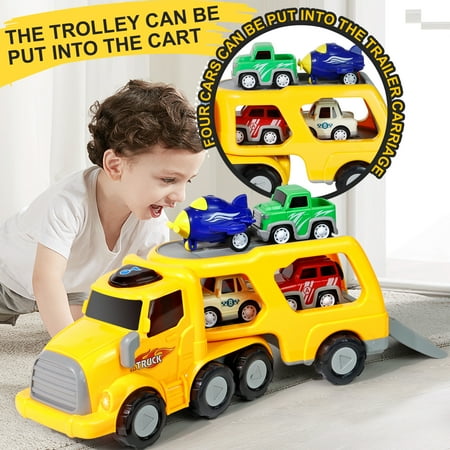 Trucks Toys for Boys 3-6 Year Old Boys, 5-in-1 Friction Power Toy Vehicle in Carrier Truck, Toddler Toys Car Toys plane for Boys for Kids Aged 3+