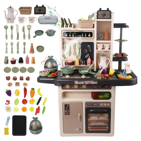 65 PCS Large Pretend Play Kitchen Toy Set for Kids with Real Lights and Cooking Sounds, Steam, Play Sink with Running Water, Cut Play Food, Menu Board and Accessory Play Set