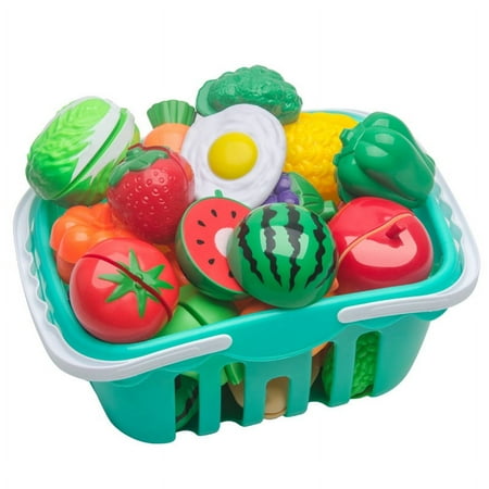 JMH 24 PCS Set Cutting Play Vegetables and Fruits Cooking Toys Gifts for Toddlers with Shopping Basket, Plastic