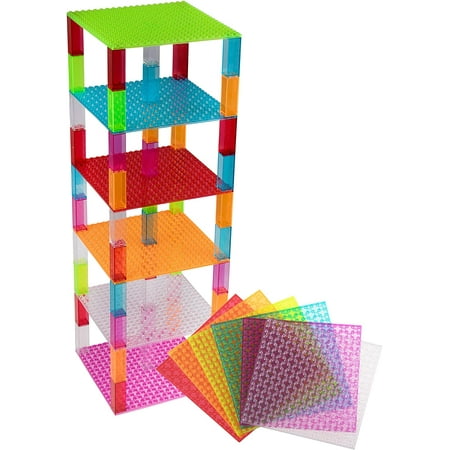 Strictly Briks Classic Stackable Baseplates 6x6 Inch Brik Tower - 100% Compatible with All Major Brands - 6 Baseplates & 50 Stackers - Clear Colors