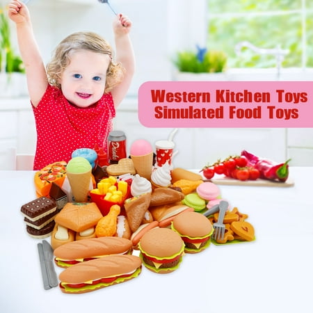 63PCS Play Food Pretend Play Fast Food Kitchen Toys Set Cutting Pizza Hamburger Ice Cream Playset for Toddler Kid Child Boys Girls Toys