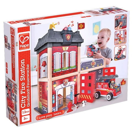 Hape City Red Fire Station Dollhouse Wood Playset, 13 Pieces, Light & Sound, Product Height 18.82 in, Gift Idea for Toddlers & Kids Ages 3+