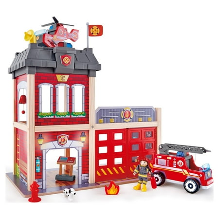 Hape City Red Fire Station Dollhouse Wood Playset, 13 Pieces, Light & Sound, Product Height 18.82 in, Gift Idea for Toddlers & Kids Ages 3+