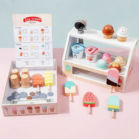 Wooden Scoop and Serve Ice Cream Counter (40 pcs) - Play Food and Accessories - Pretend Food Toys, Ice Cream Shop Toys For Kids Ages 3+